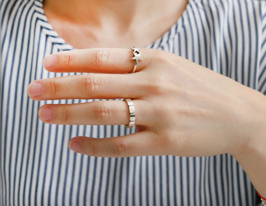 925 Sterling Silver Crescent moon and star / Stars ring