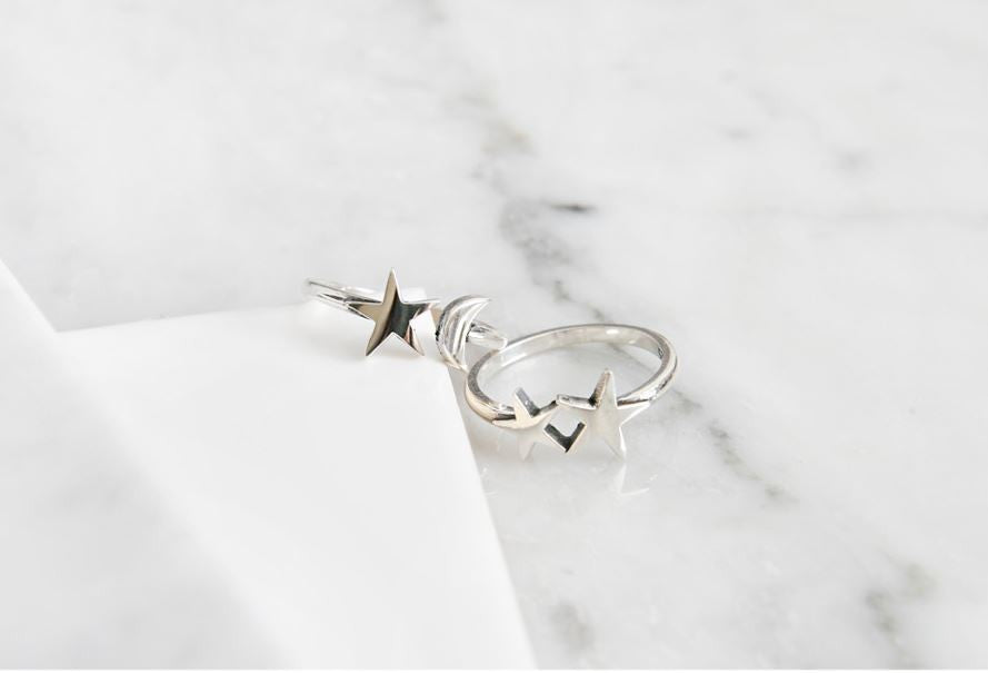 925 Sterling Silver Crescent moon and star / Stars ring