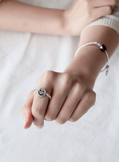 925 sterling silver Ball Bead and Smiley face charm Stretch Ring, rubber band Ring