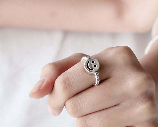 925 sterling silver Ball Bead and Smiley face charm Stretch Ring, rubber band Ring