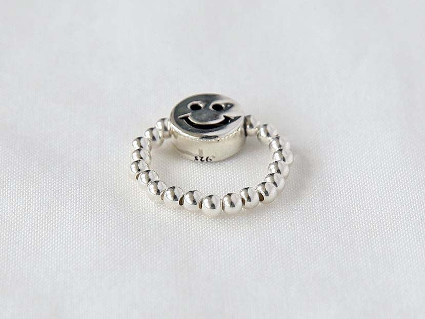 925 sterling silver Ball Bead and Smiley face charm Stretch Ring, rubber band Ring