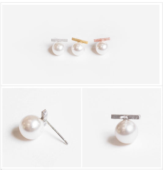 925 sterling silver Tiny square Pipe Bar with Pearl stud earrings