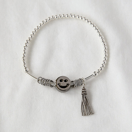 925 sterling silver Ball , Bead and Smiley face charm Stretch bracelet, rubber band bracelet