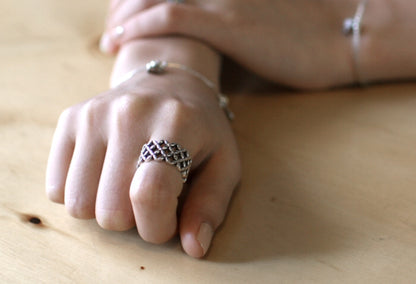 925 sterling silver Flower Pattern net Ring, Net Ring, Wide grid ring