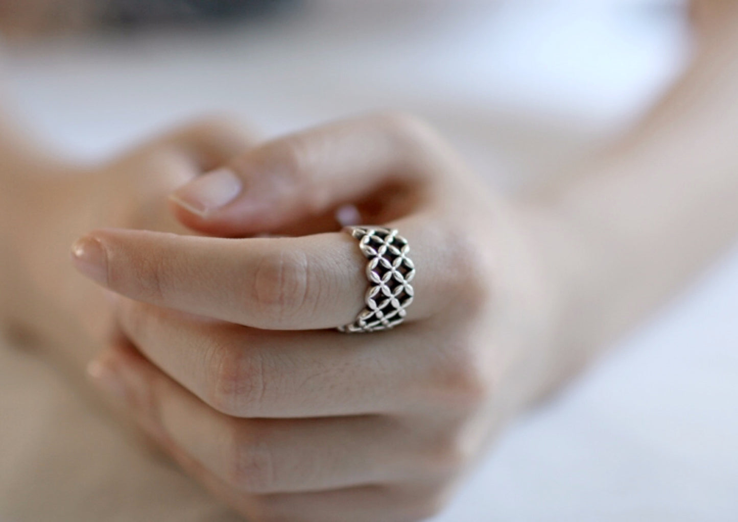 925 sterling silver Flower Pattern net Ring, Net Ring, Wide grid ring