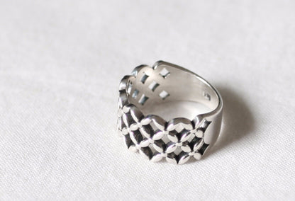 925 sterling silver Flower Pattern net Ring, Net Ring, Wide grid ring