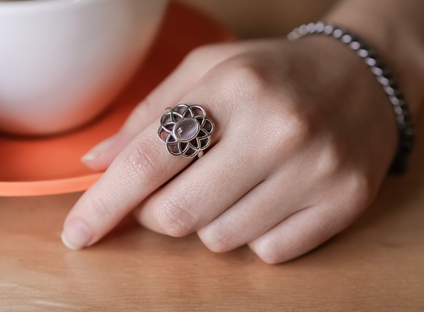 925 Sterling Silver Flower petal shape Moonstone Ring, Moonstone statement ring