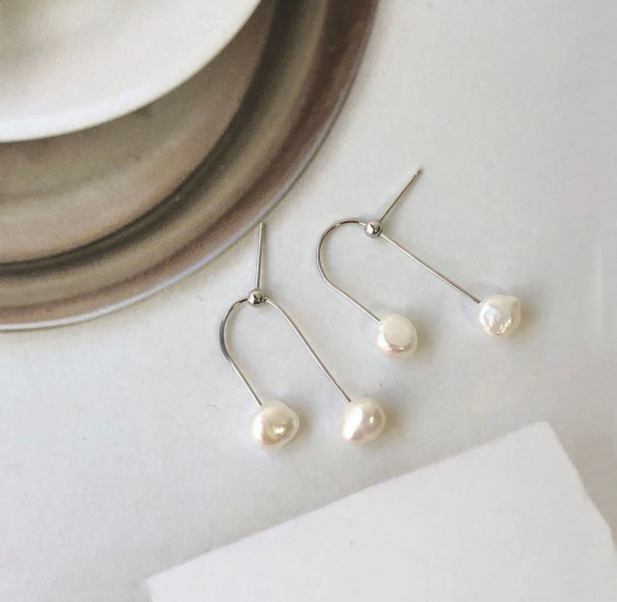 925 Sterling Silver U line Fresh water pearls drop earrings, double pearls drop earrings