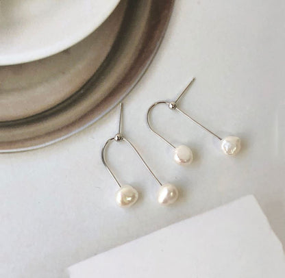 925 Sterling Silver U line Fresh water pearls drop earrings, double pearls drop earrings