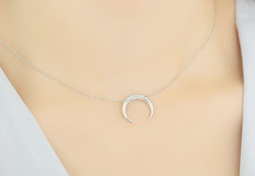 925 sterling silver Cubic detailed Upside Down Moon Necklace, Horn Charm necklace